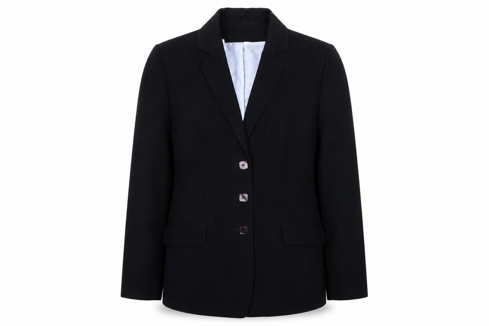 Front view of Essence women’s black polyester jacket blazer, size UK 16, button