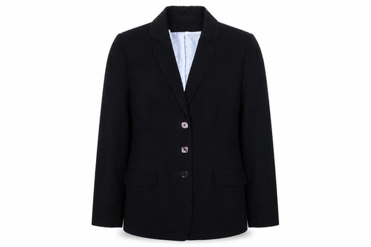 Front view of Essence women’s black polyester jacket blazer, size UK 16, button