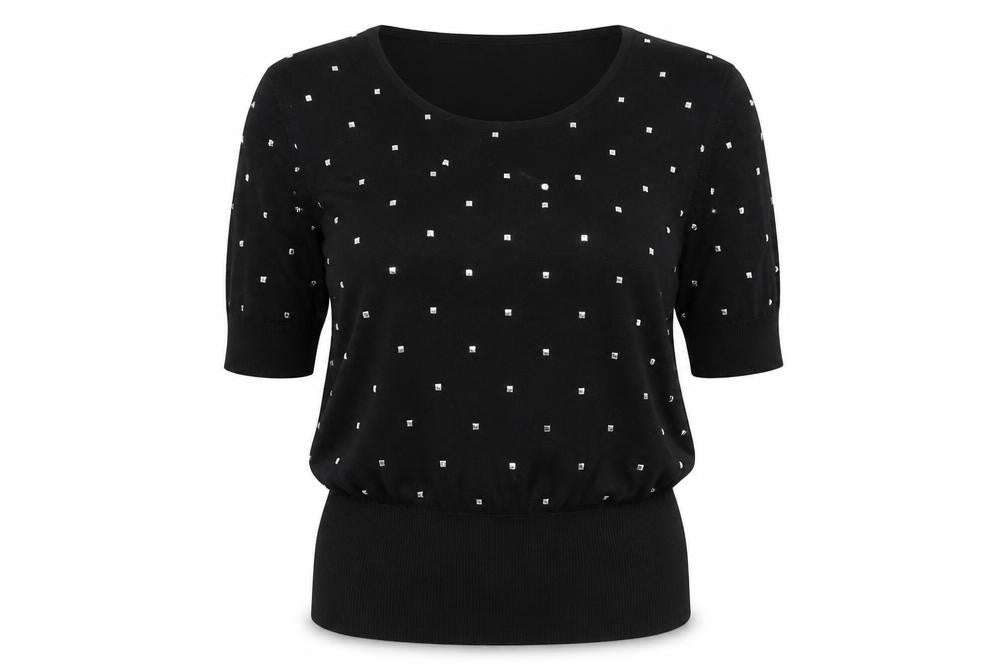 Front view of Be Beau women’s black round neck cotton jumper, size UK 10