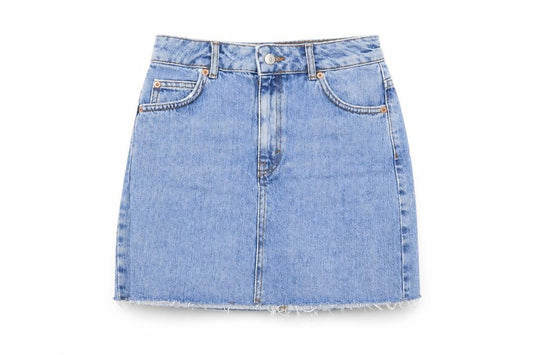 Front view of Topshop women’s blue herringbone cotton a-line skirt, size UK 6, zip