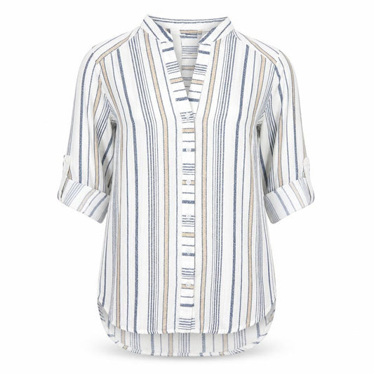 Front view of Cameo Rose women’s white striped polyester basic button-up, size UK 10, v-neck