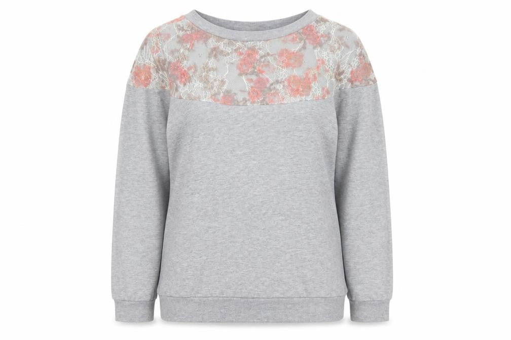 Front view of Pins & Needles women’s grey floral polyester pullover sweatshirt, size M, pullover