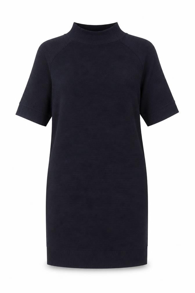 Front view of French Connection women’s blue polyester jumper dress, size UK 8, mock neck pullover