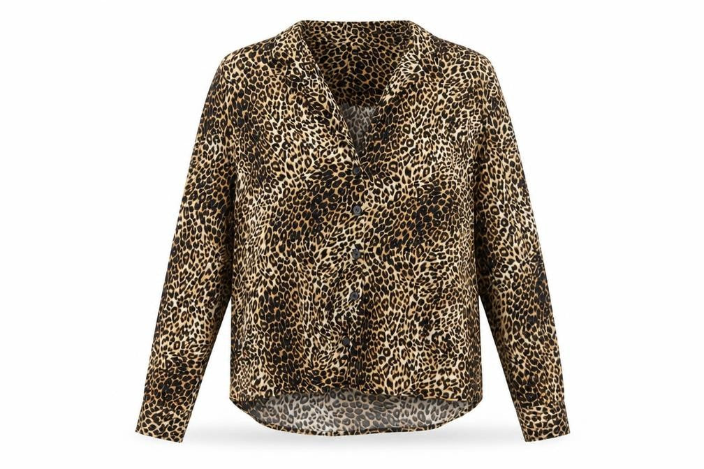 Front view of Topshop women’s brown animal print viscose basic button-up, size UK 10, collared - leopard print