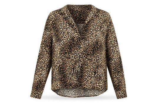 Front view of Topshop women’s brown animal print viscose basic button-up, size UK 10, collared - leopard print