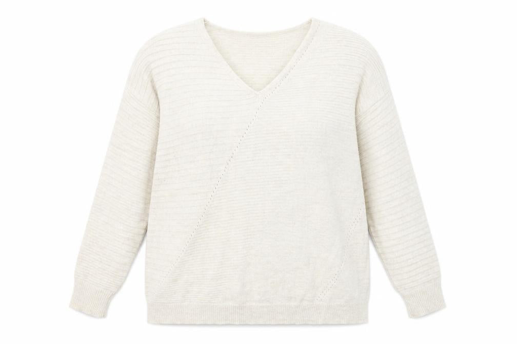 Front view of Topshop women’s beige v-neck acrylic jumper, size UK 12