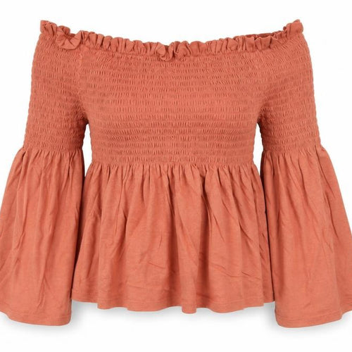 New Look Womens Beige Cotton Basic Blouse Size 8 Off the Shoulder - Shirred