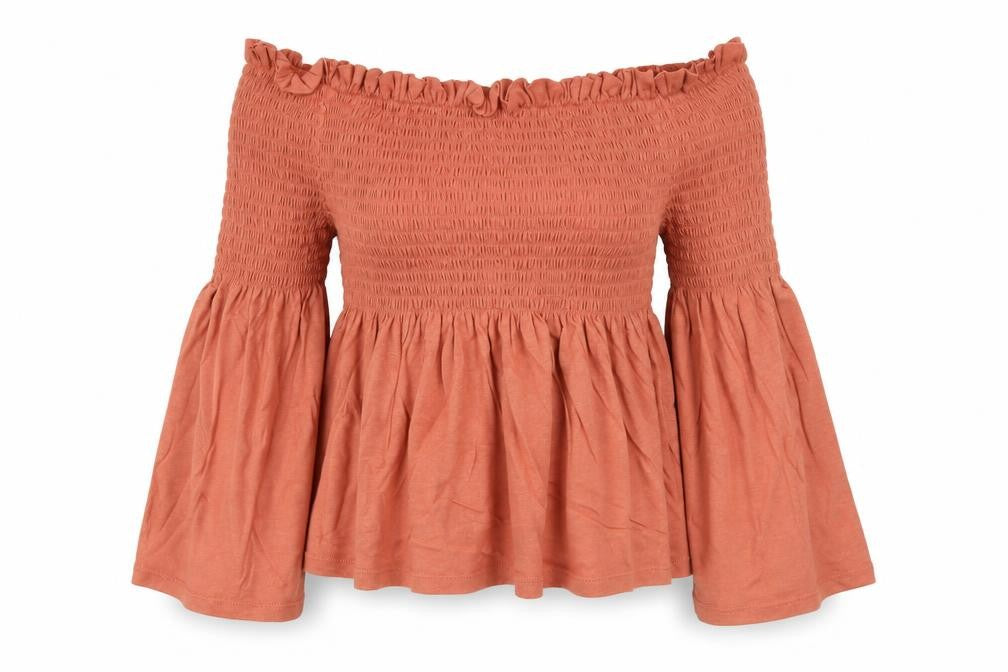 New Look Womens Beige Cotton Basic Blouse Size 8 Off the Shoulder - Shirred