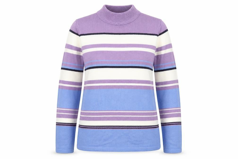 Front view of EWM women’s multicoloured mock neck striped acrylic jumper, size UK 10