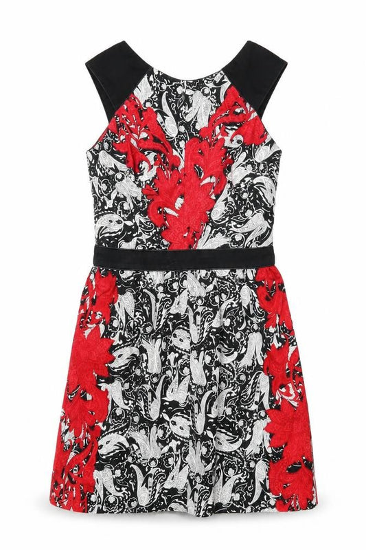 Front view of Warehouse women’s multicoloured geometric polyester a-line, size UK 10, round neck zip