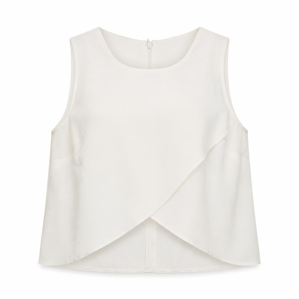 Front view of Miss Selfridge women’s white polyester basic tank, size UK 12, round neck