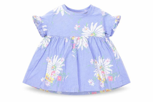 Front view of Gap girls’ blue floral cotton a-line, size 3-6, months round neck snap