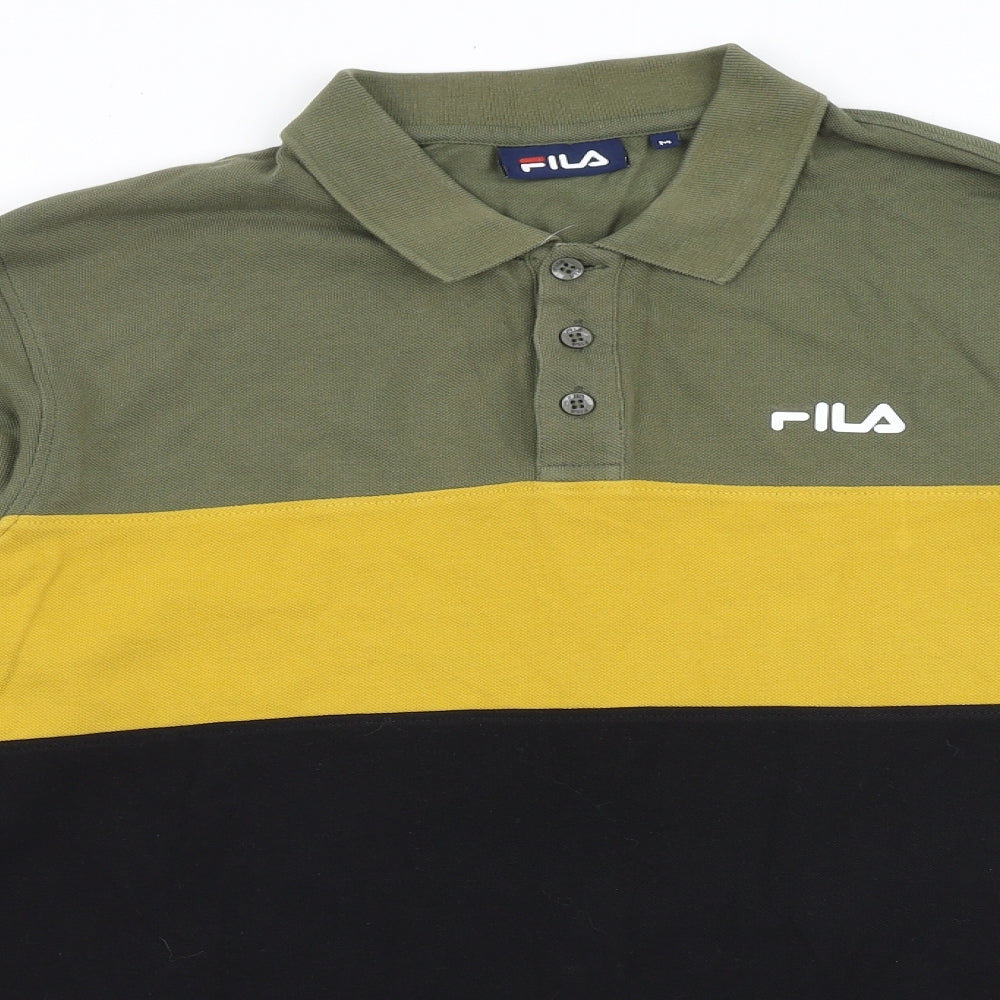 FILA Mens Green Colourblock Cotton Button-Up Size M Collared Button