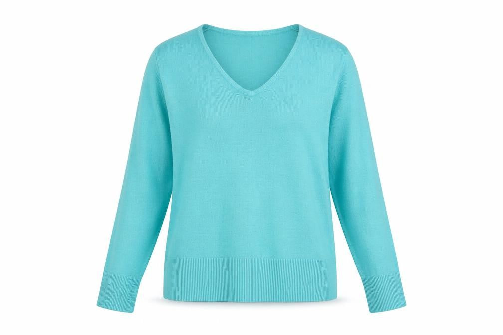Front view of SARAH HAMILTON women’s blue v-neck acrylic jumper, size M