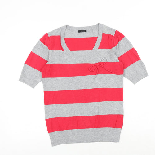 Planet Womens Grey Scoop Neck Striped Nylon Pullover Jumper Size XS Pullover