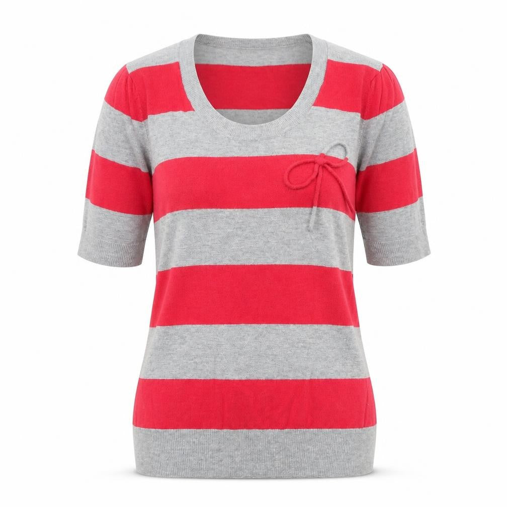Front view of Planet women’s grey scoop neck striped nylon jumper, size XS, pullover