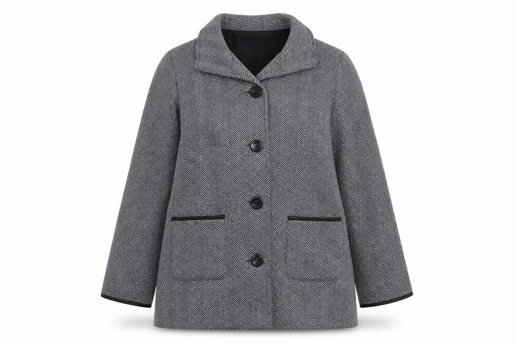 Anne De Lancy Womens Grey Herringbone Pea Coat Coat Size L Button