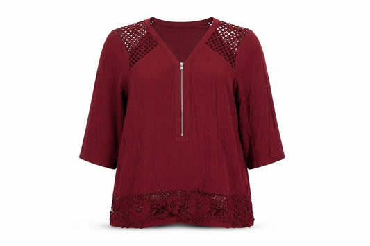Front view of Warehouse women’s red viscose basic blouse, size UK 14, v-neck