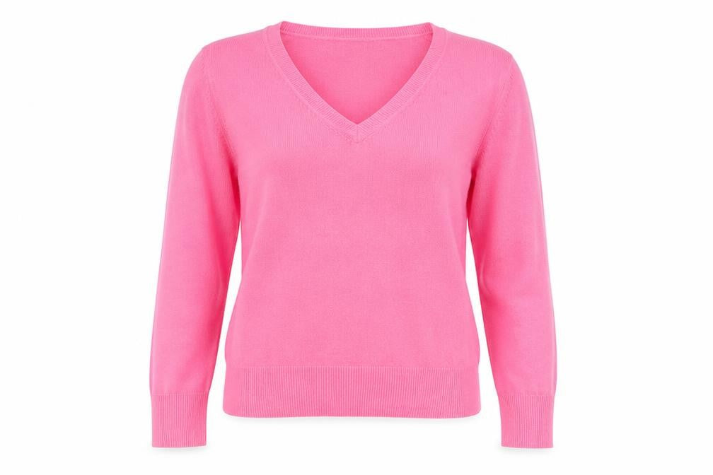 Front view of BHS women’s pink v-neck acrylic jumper, size UK 10