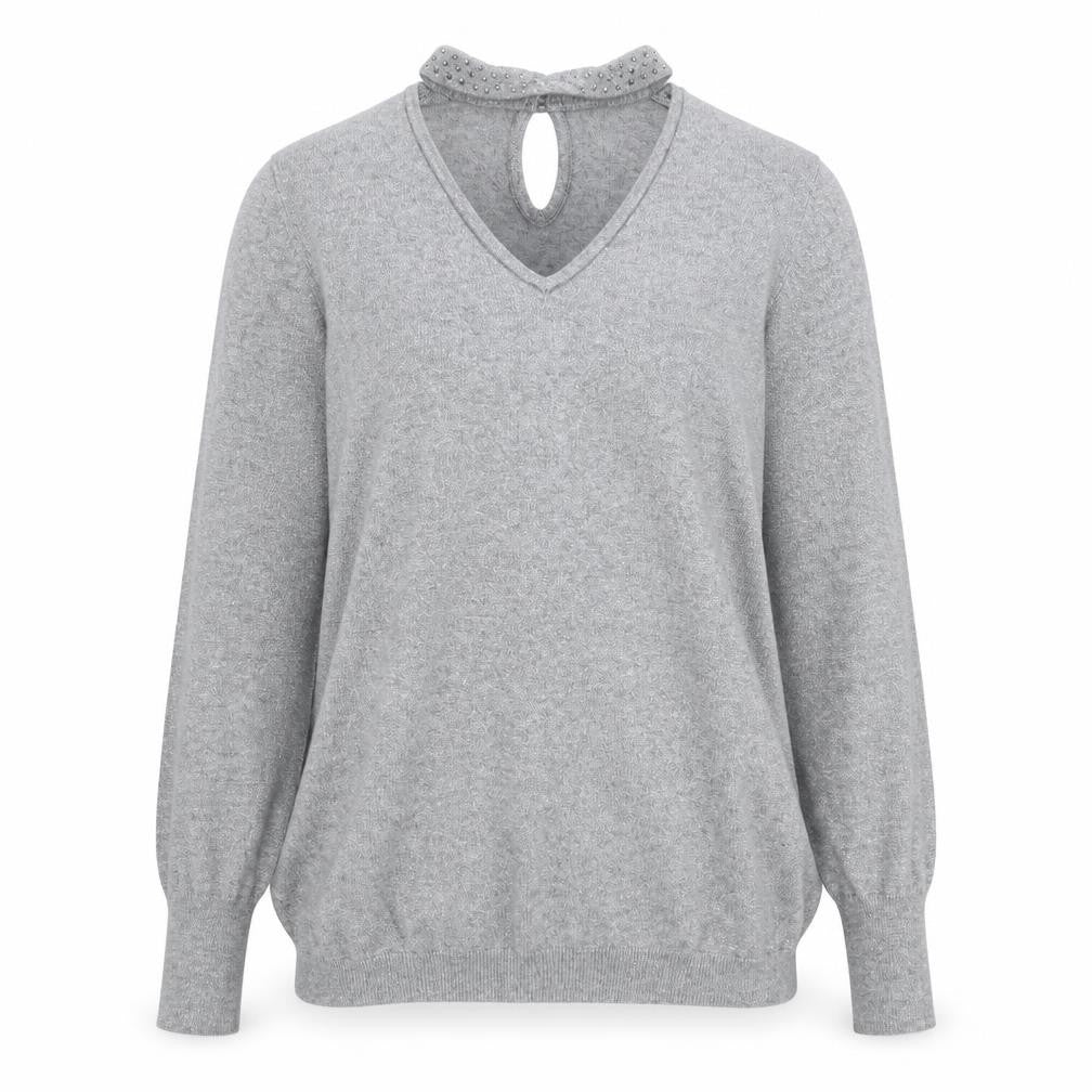 Front view of Zuppe women’s grey v-neck polyamide jumper, size S