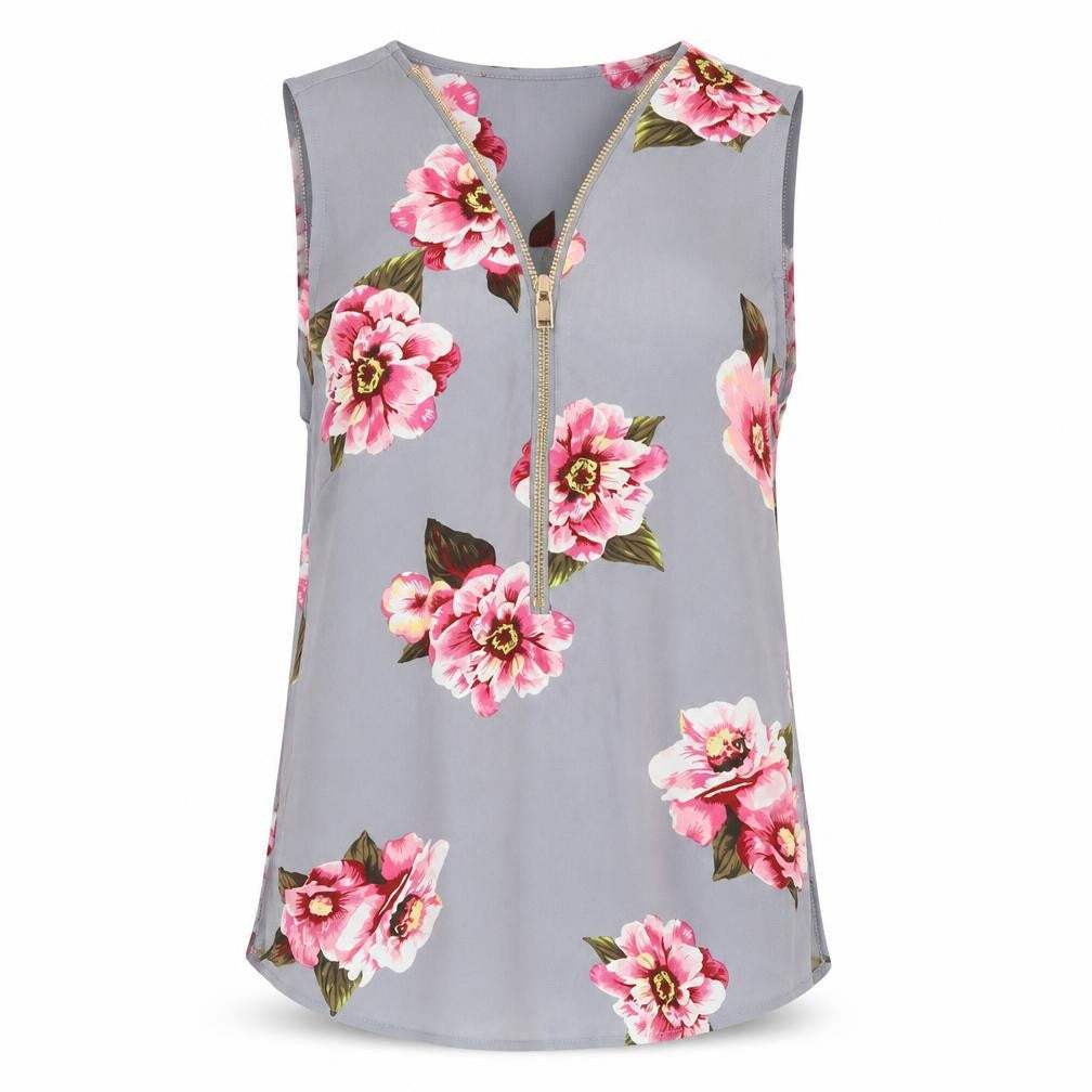 Front view of Cameo Rose women’s grey floral polyester basic tank, size UK 8, v-neck