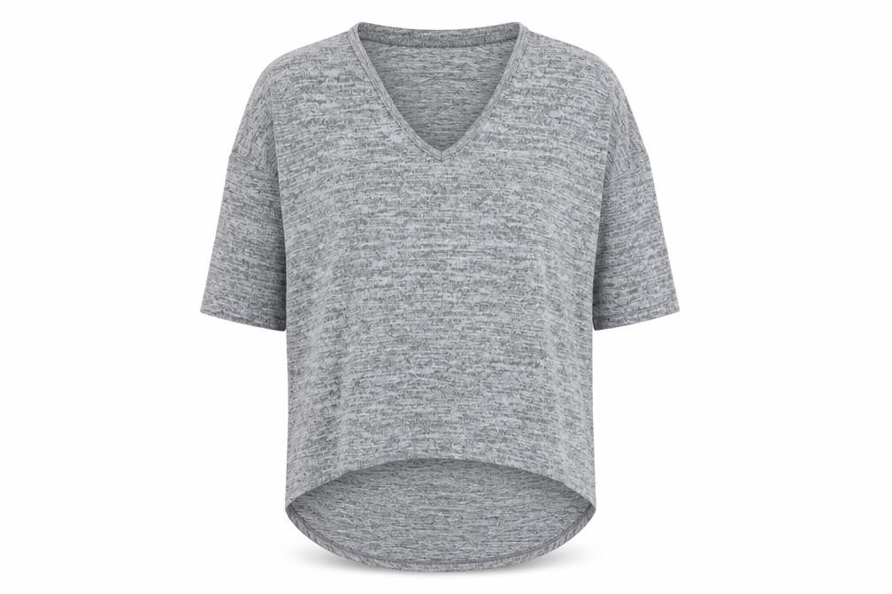 Front view of New Look women’s grey geometric polyester basic t-shirt, size S, v-neck
