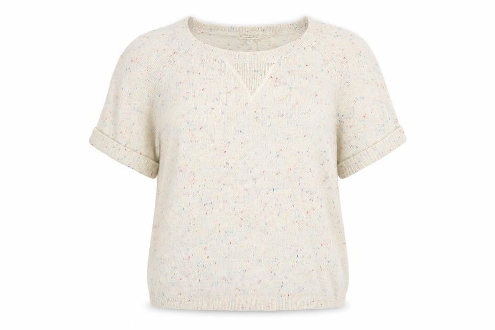 Front view of New Look women’s beige round neck acrylic jumper, size UK 12