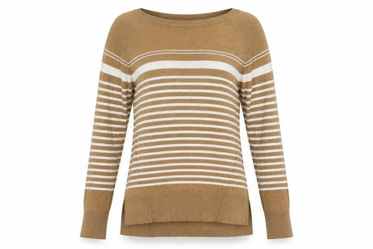 Front view of Next women’s beige boat neck striped acrylic jumper, size UK 10