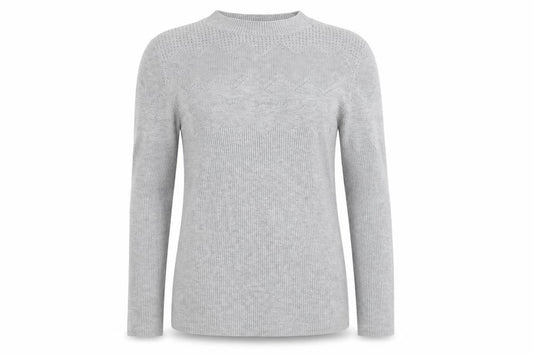 Front view of Warehouse women’s grey round neck acrylic jumper, size UK 12