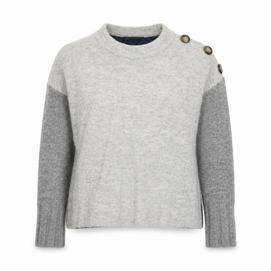 Front view of Marks & Spencer women’s grey round neck acrylic jumper, size M