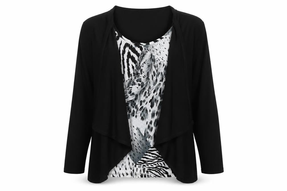 Saloos Womens Black Animal Print Viscose Basic Blouse Size L Round Neck - Twin Set