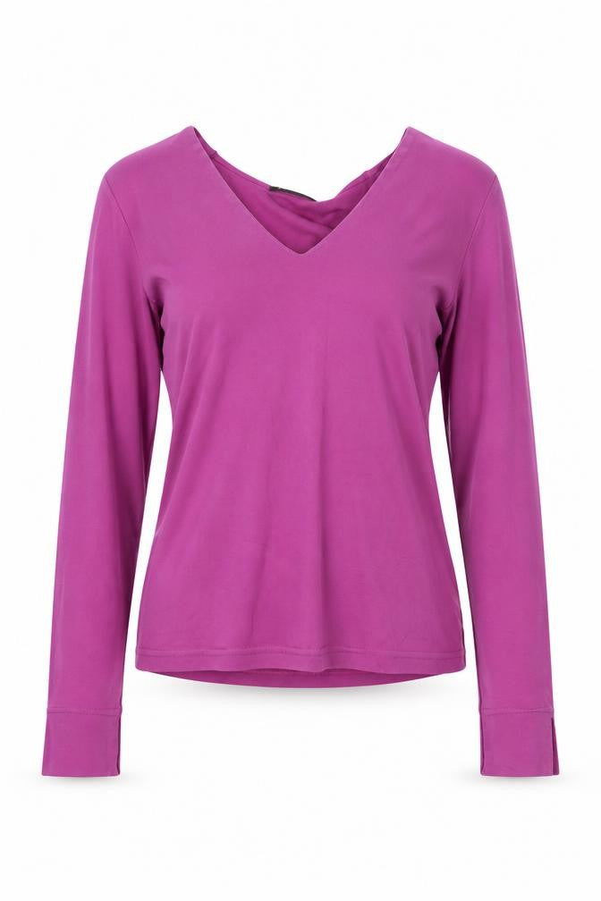 Front view of Sisley women’s purple v-neck cotton jumper, size M