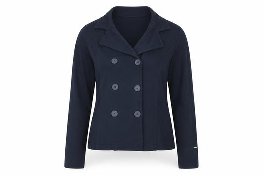 Front view of H&M women’s blue jacket, size L, button
