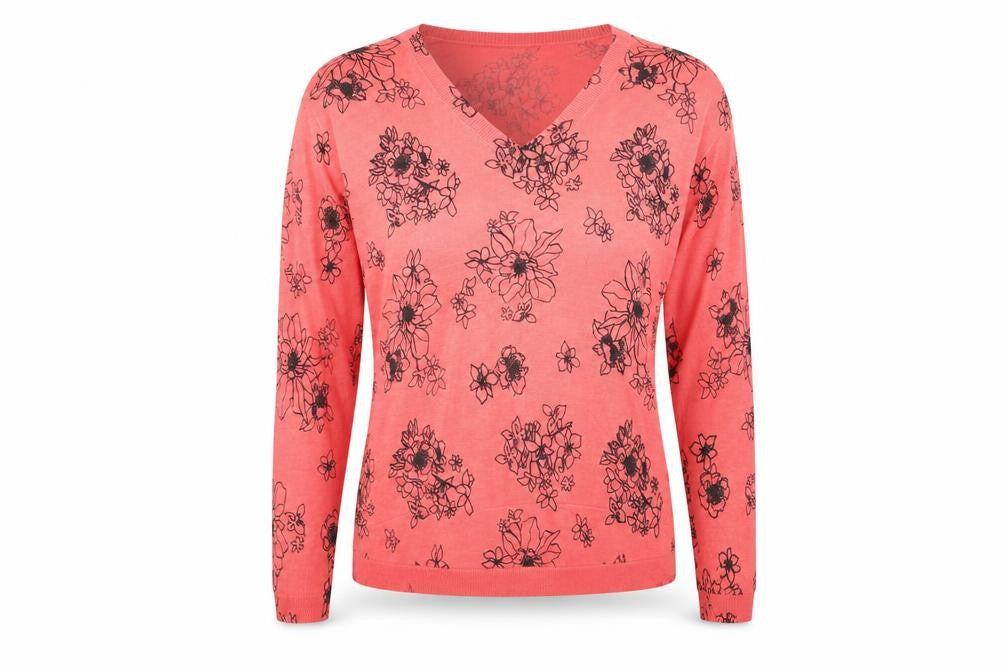 Front view of Marks & Spencer women’s pink v-neck floral acrylic jumper, size M