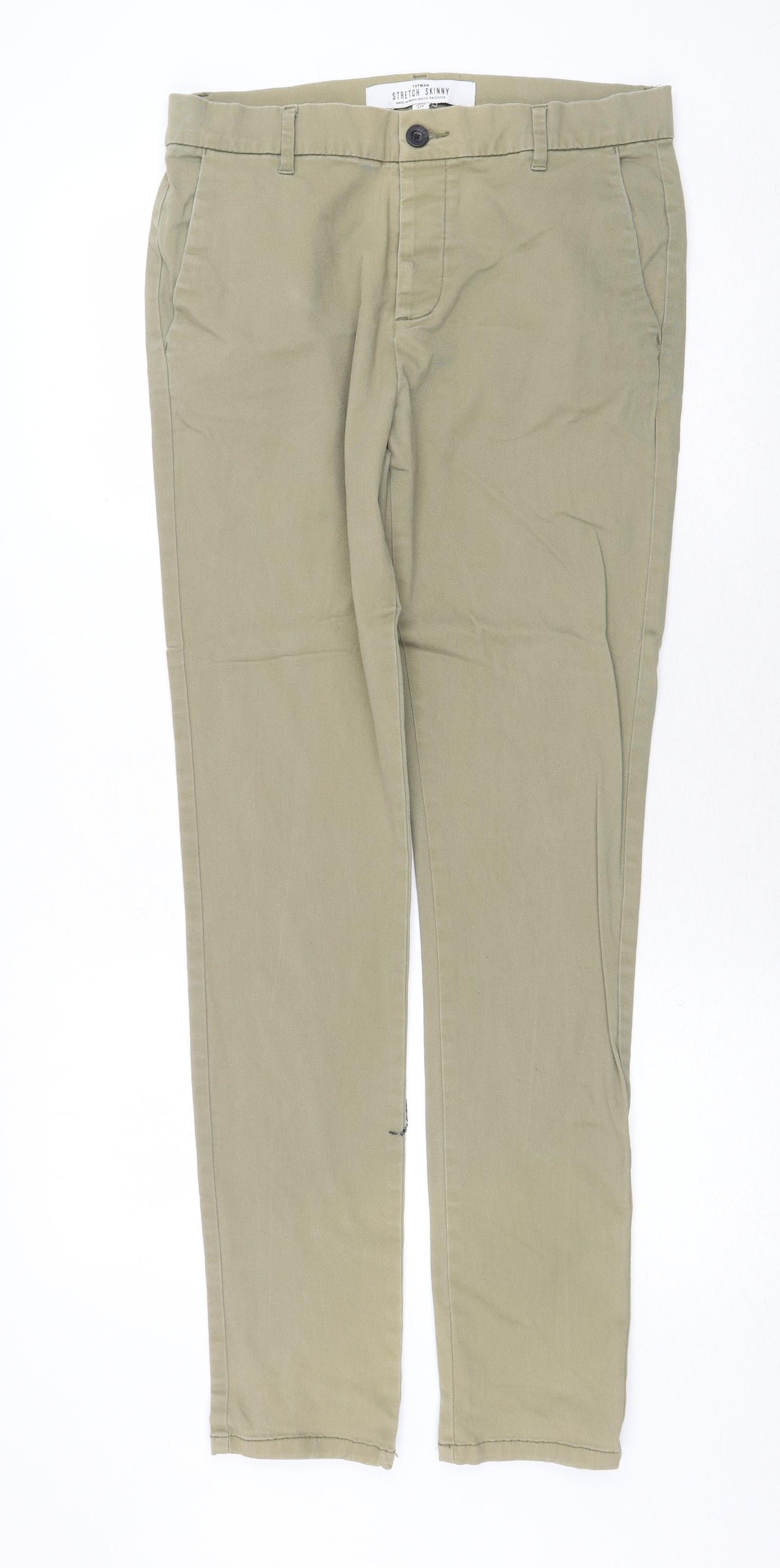 Topman Mens Green Cotton Chino Trousers Size 32 in Regular Zip