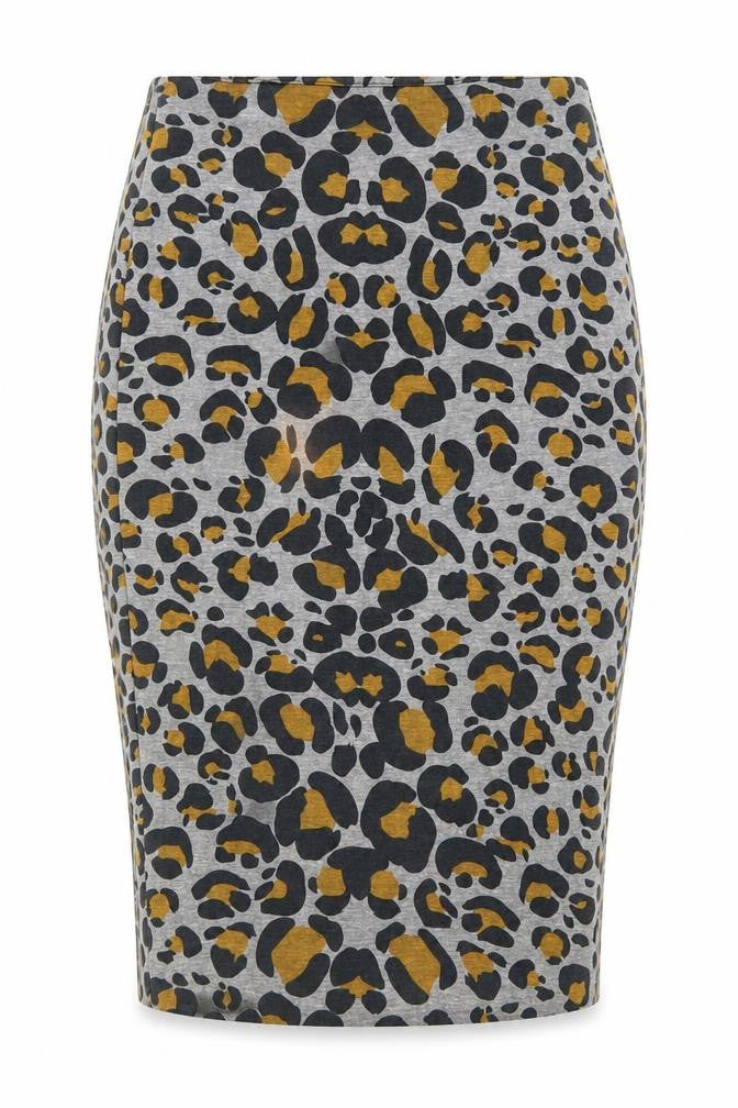 Front view of H&M women’s grey animal print polyester bandage skirt, size S, zip - leopard pattern