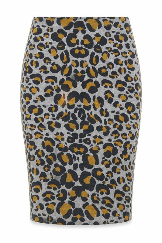 Front view of H&M women’s grey animal print polyester bandage skirt, size S, zip - leopard pattern