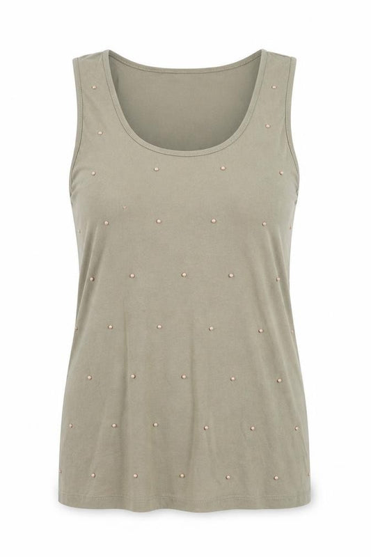 Front view of Marks & Spencer women’s green 100% cotton basic tank, size UK 12, scoop neck