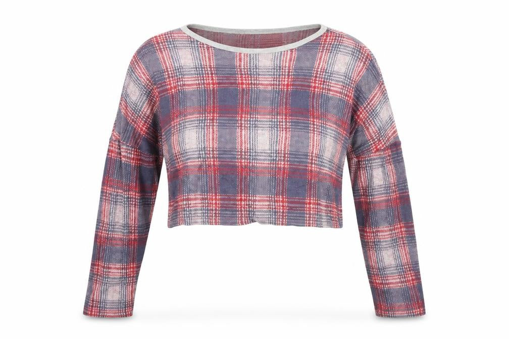 Front view of Topshop women’s red round neck plaid cotton jumper, size UK 10