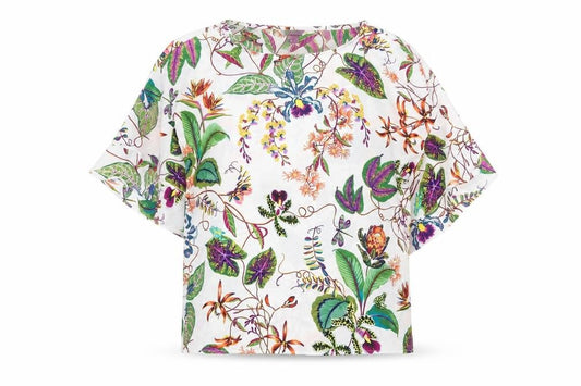 Front view of H&M women’s multicoloured floral polyester basic blouse, size UK 6, round neck