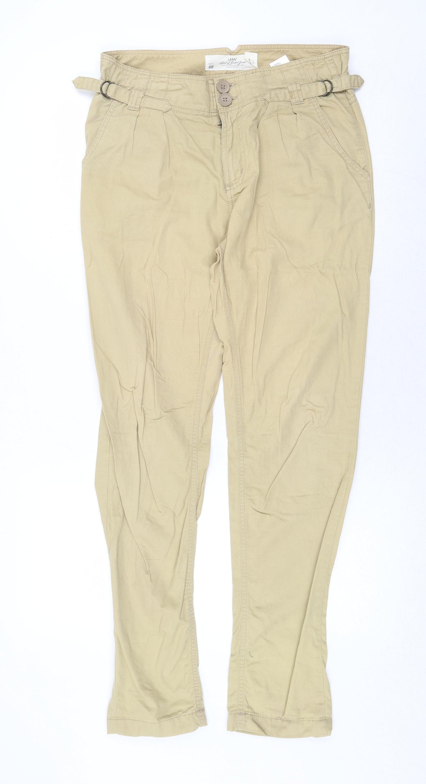 H&M Womens Beige Cotton Chino Trousers Size 8 Regular Zip