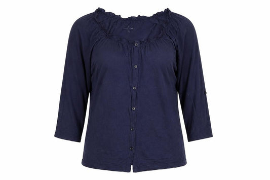 Front view of New York & Company women’s blue cotton basic button-up, size S, round neck