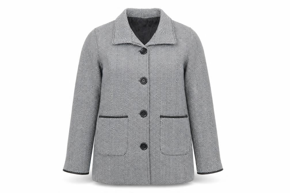 Front view of Anne De Lancay women’s grey geometric jacket, size UK 10, button