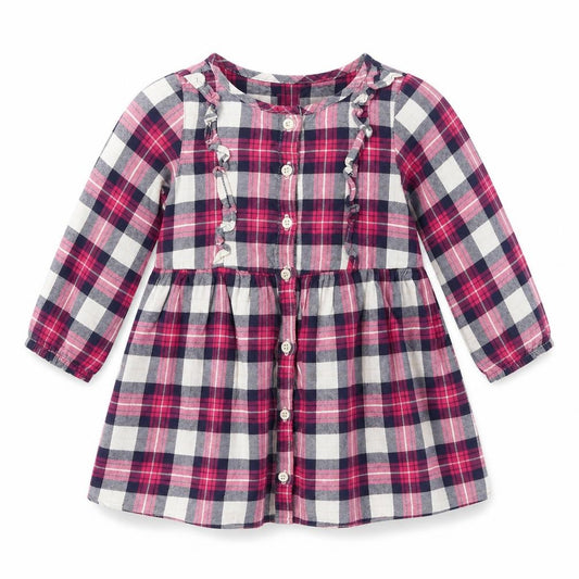 Front view of Gap girls’ pink plaid 100% cotton shirt dress, size 2, years round neck button
