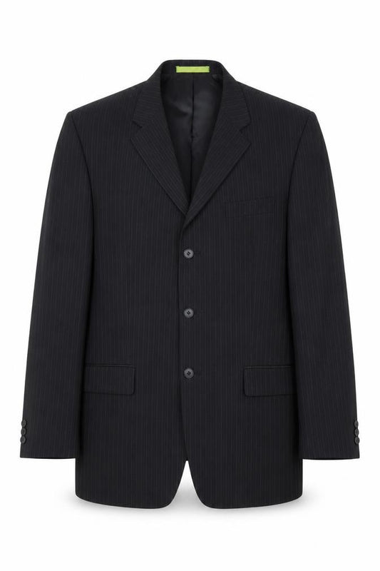 Front view of Burton men’s black striped polyester jacket suit jacket, size 40, regular