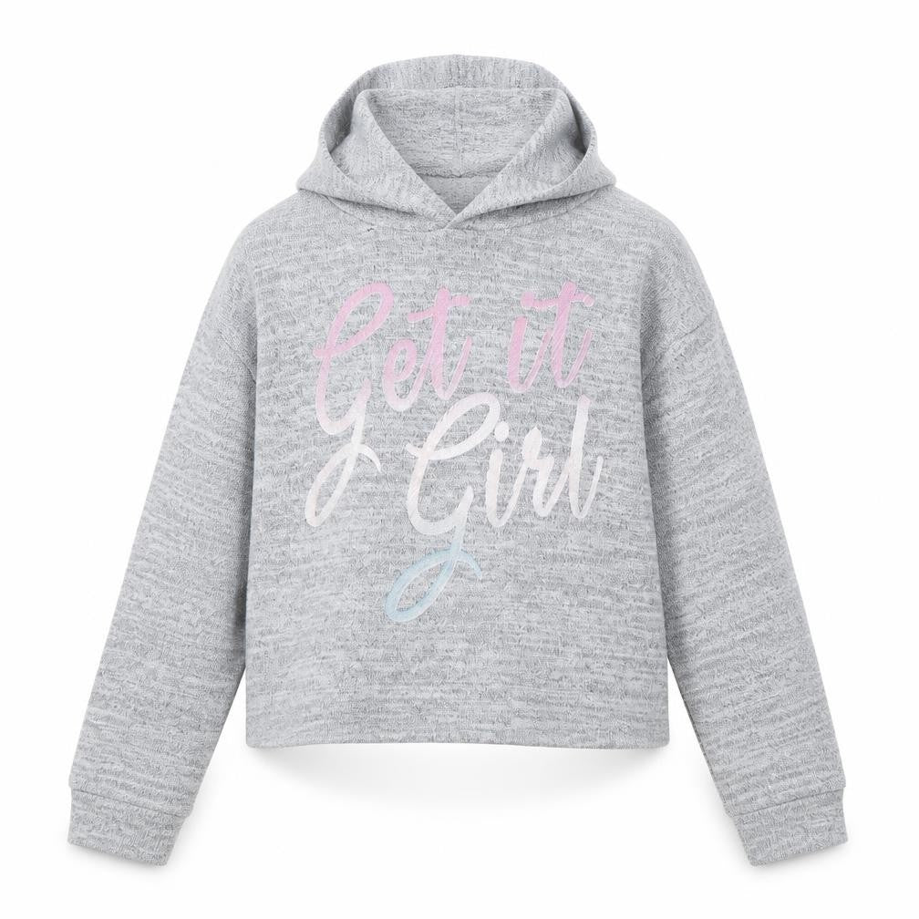 Front view of Very girls’ grey polyester pullover hoodie, size 7, years pullover - get it girl
