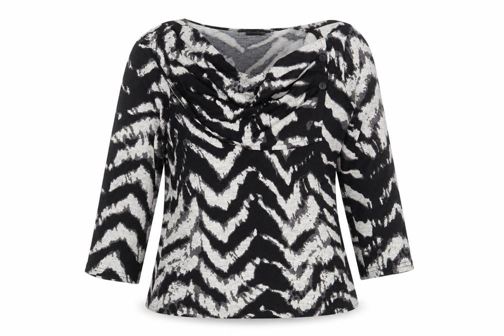 Front view of Just Elegance women’s black cowl neck geometric polyester jumper, size UK 12