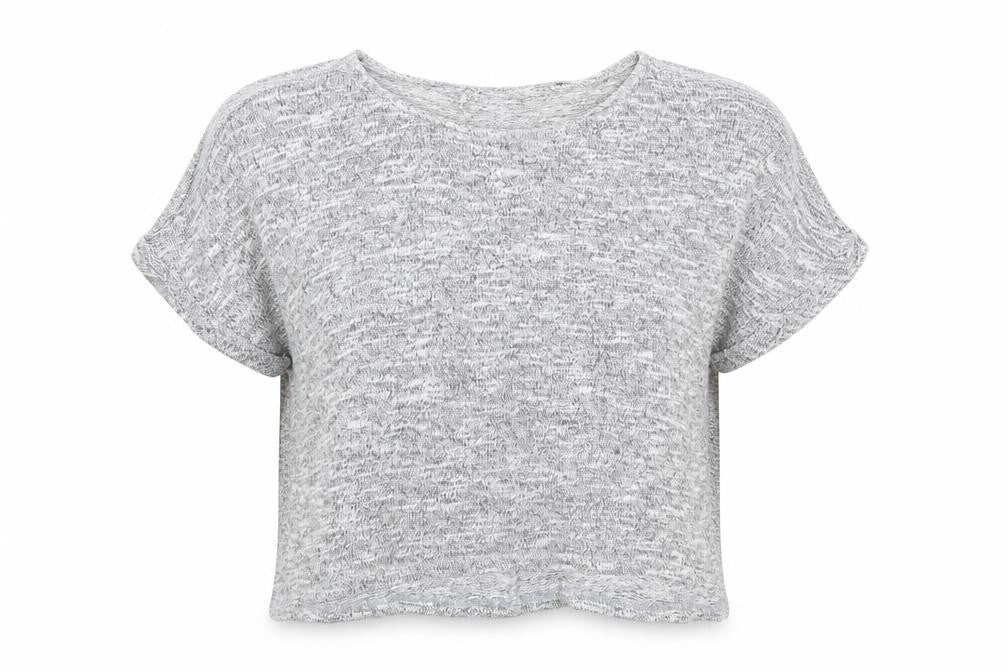 Front view of New Look women’s grey round neck viscose jumper, size UK 8, - cold shoulder