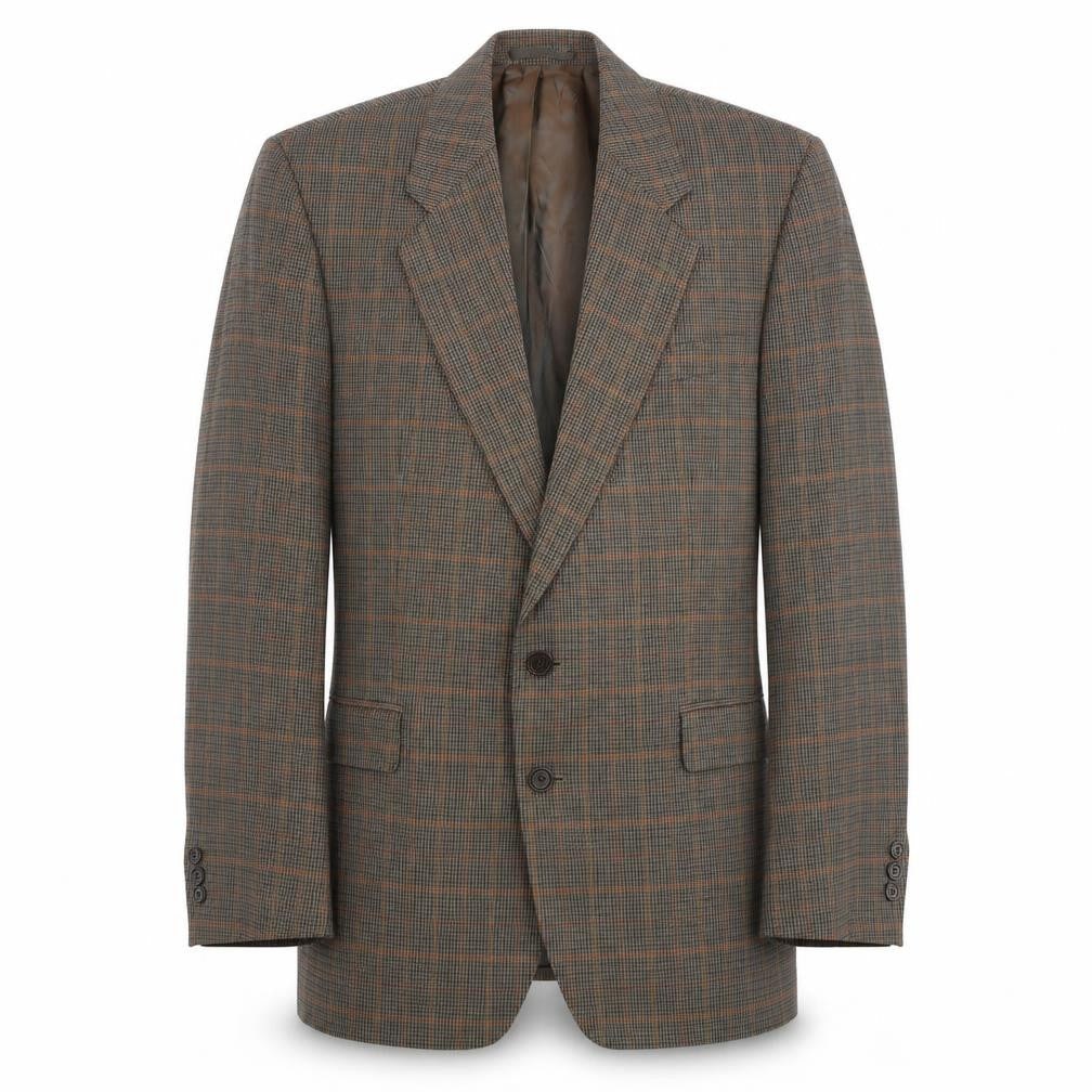 Front view of Thomas Deas men’s brown plaid wool jacket blazer, size 42, regular