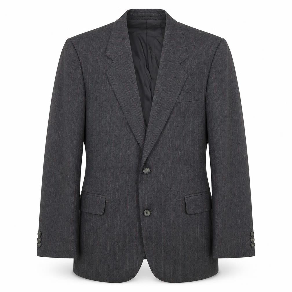 Front view of The Label men’s grey striped wool jacket suit jacket, size 38, regular